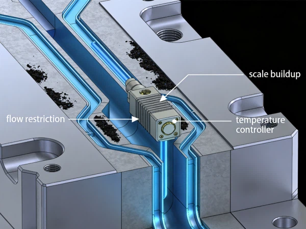 Injection mould cooling circuit inspection showing flow restriction and scale buildup affecting temperature controller efficiency Injection mould cooling circuit inspection showing flow restriction and scale buildup affecting temperature controller efficiency