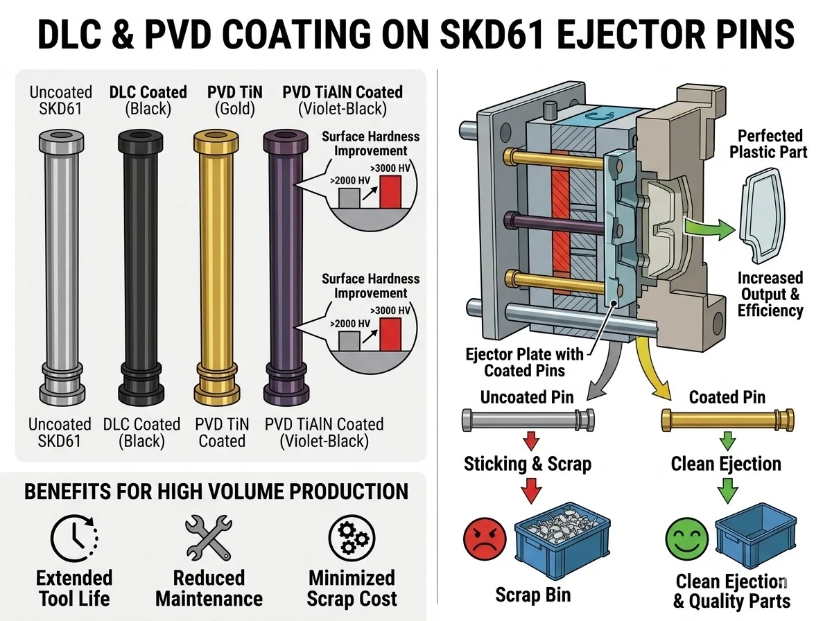 DLC and PVD coating on SKD61 ejector pins for high volume plastic injection molding production to improve surface hardness and reduce scrap DLC and PVD coating on SKD61 ejector pins for high volume plastic injection molding production to improve surface hardness and reduce scrap