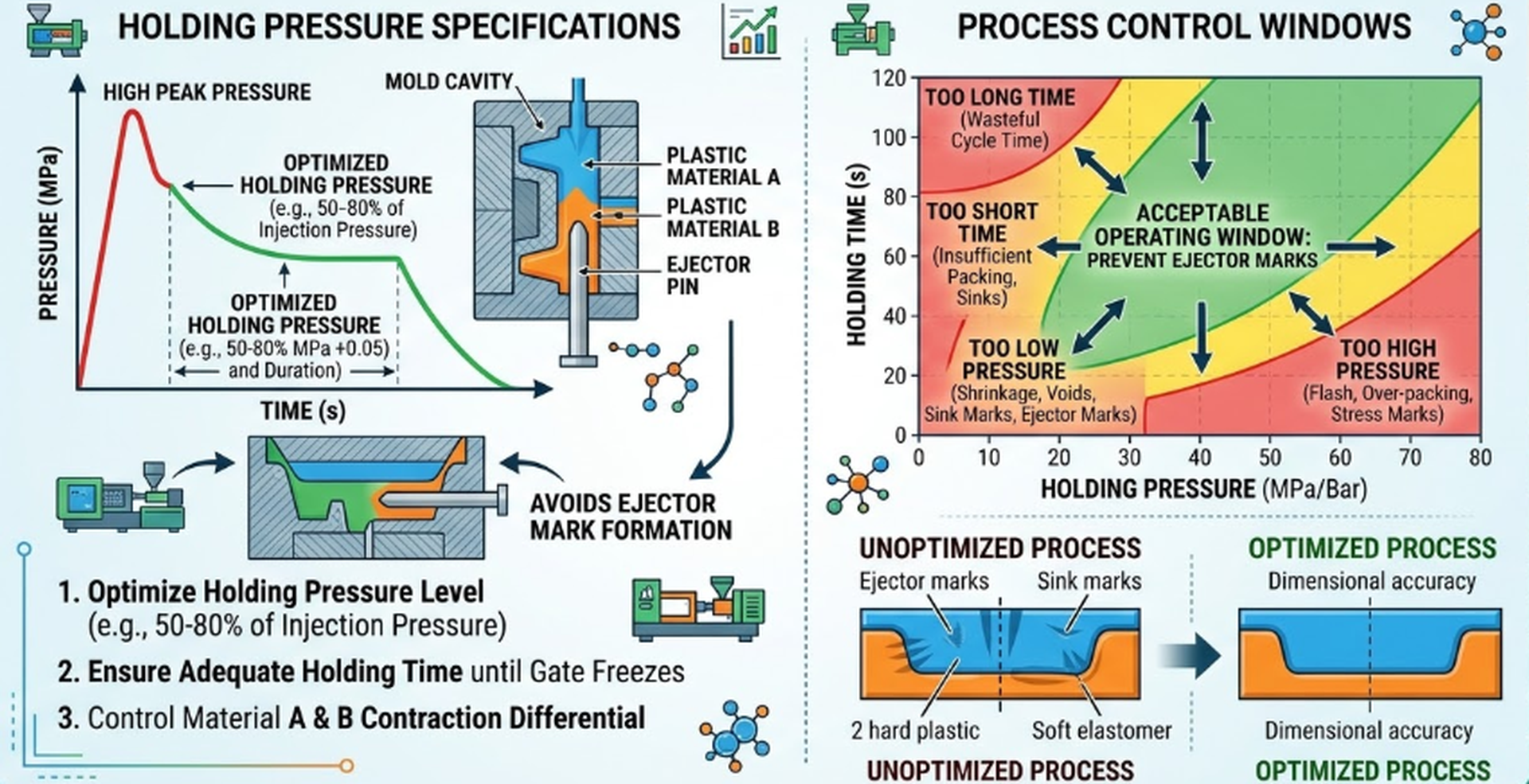 Holding pressure specifications and process control windows for multi-material plastic injection molding to prevent ejector pin marks Holding pressure specifications and process control windows for multi-material plastic injection molding to prevent ejector pin marks