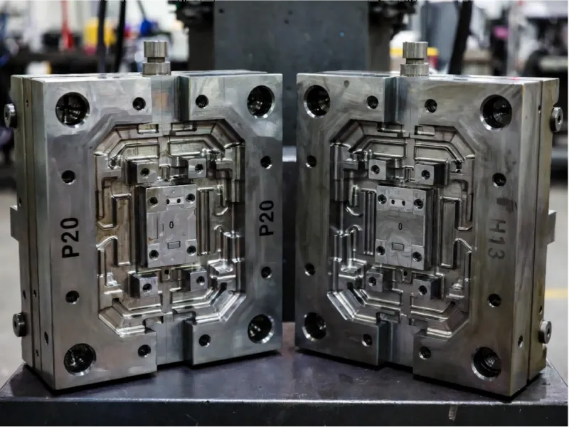 P20 vs H13 tool steel injection mold for PA66-GF35 automotive battery housing, showing high-pressure durability and precision machining P20 vs H13 tool steel injection mold for PA66-GF35 automotive battery housing, showing high-pressure durability and precision machining