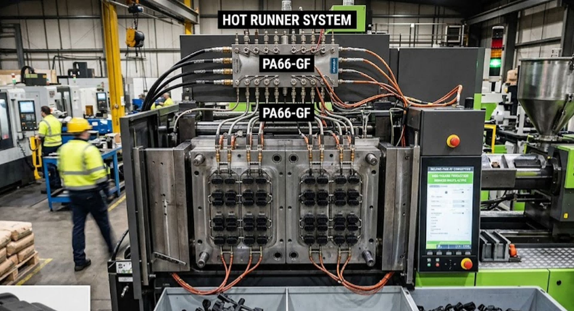 Hot runner injection molding system reducing material waste for high-volume automotive connectors and PA66-GF programs Hot runner injection molding system reducing material waste for high-volume automotive connectors and PA66-GF programs