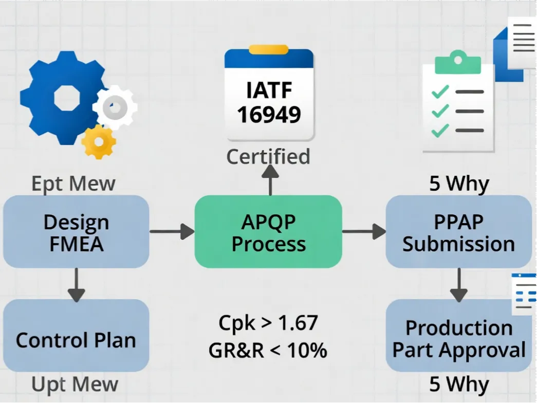 IATF 16949 certified quality inspection and APQP process for automotive injection molded components ensuring Cpk above 1.67 IATF 16949 certified quality inspection and APQP process for automotive injection molded components ensuring Cpk above 1.67