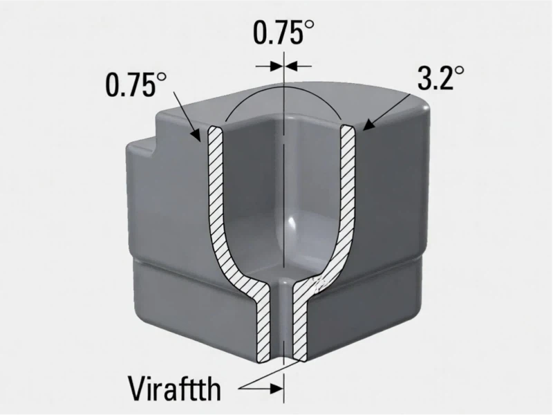 Diagram showing 0.75 degree draft angle taper on vertical walls of an injection molded medical device part to prevent surface scratches and sticking during the manufacturing process. Diagram showing 0.75 degree draft angle taper on vertical walls of an injection molded medical device part to prevent surface scratches and sticking during the manufacturing process.