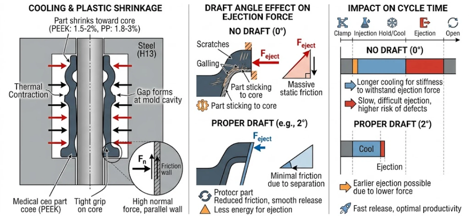 Injection molding cooling process showing plastic shrinkage towards the core and how proper draft angle reduces ejection force and cycle time for high-stiffness materials like PEEK and Polypropylene. Injection molding cooling process showing plastic shrinkage towards the core and how proper draft angle reduces ejection force and cycle time for high-stiffness materials like PEEK and Polypropylene.