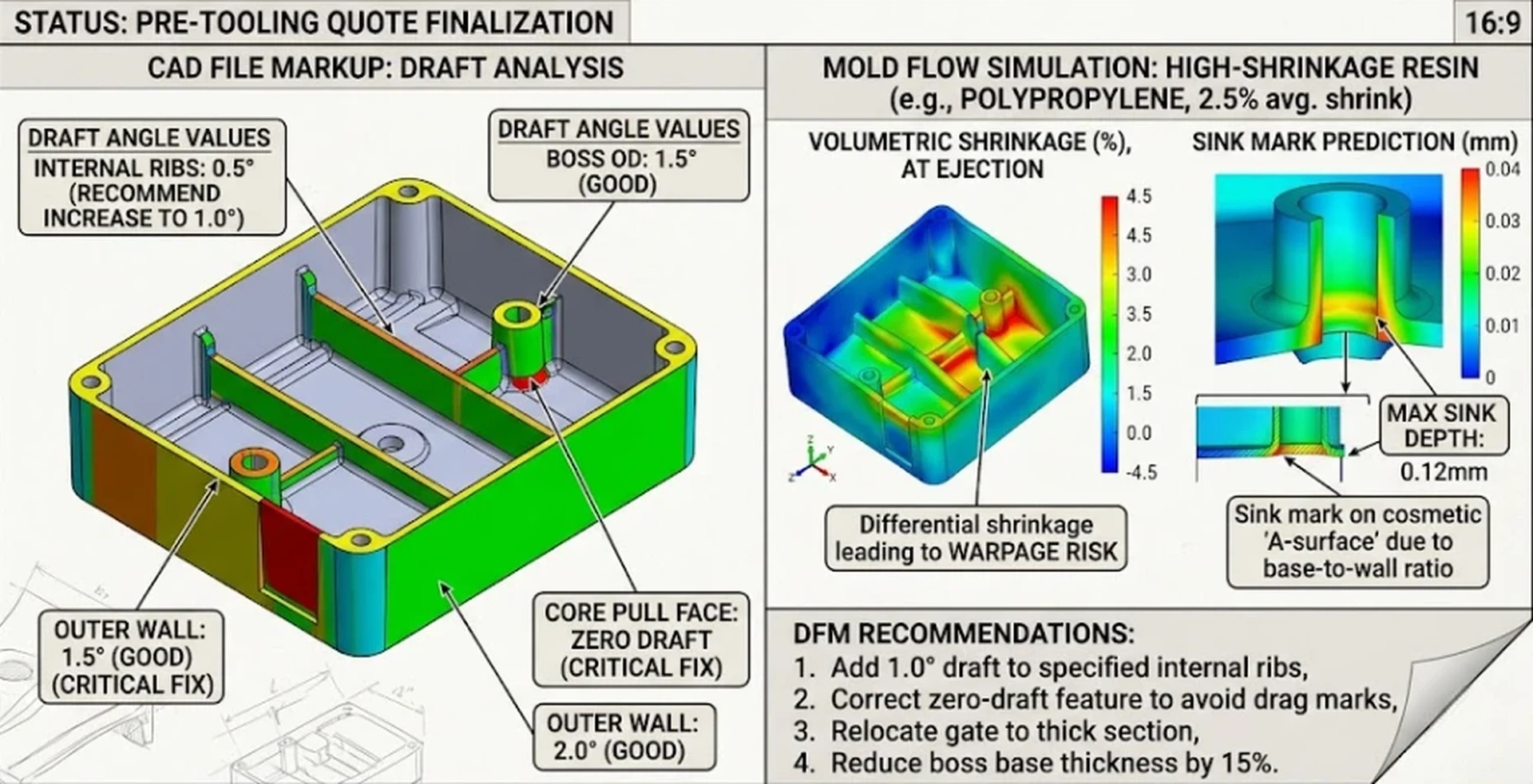 Design for Manufacturability DFM review report showing CAD file markup with specific draft angle values and Mold Flow simulation for high-shrinkage injection molding materials before tooling quotes finalize. Design for Manufacturability DFM review report showing CAD file markup with specific draft angle values and Mold Flow simulation for high-shrinkage injection molding materials before tooling quotes finalize.